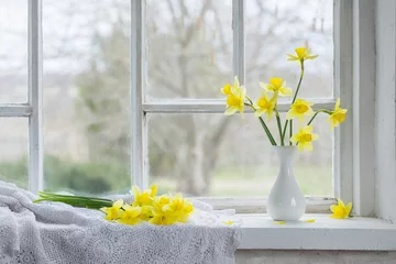 Photo sur Plexiglas Narcisse yellow spring flowers on windowsill