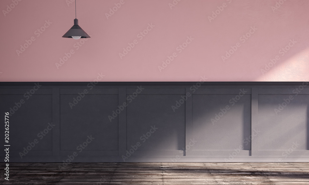 Wall mural 3d rendering illustration of colorful modern interior on sunny morning. candy pink plaster wall, woo