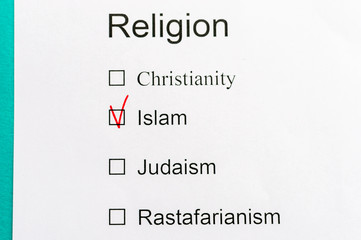 Questionnaire with questions about religion. concept islam