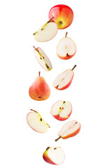 Falling sweet apple and pear isolated on white background