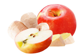 Isolated apple and ginger on white background