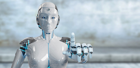 White woman cyborg pointing her finger 3D rendering