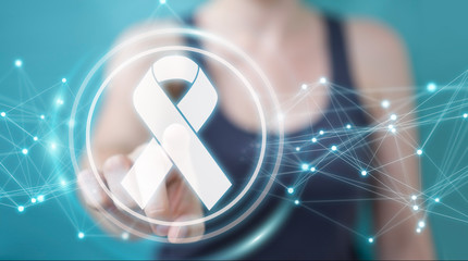 Businesswoman using digital ribbon cancer interface 3D rendering