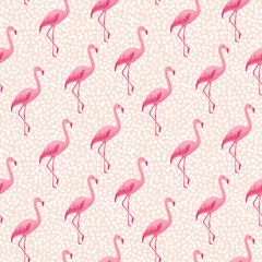 Fototapete Flamingo Tropical seamless pattern with pink flamingos and small polka dots. Vector summer background. Trendy exotic wallpapers. Fashionable design for girls, babies. Repeat texture for decor, prints, clothing