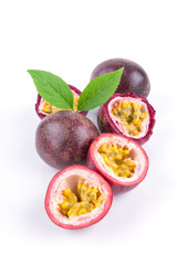 Passion fruits with leaves isolated on white background