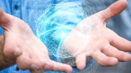 Fototapeta premium Businessman using digital network connection sphere 3D rendering