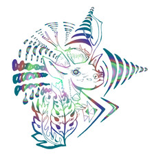 Colorful picture of a psychedelic deer with plants and patterns.