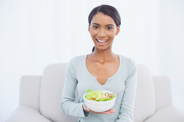 Obraz na płótnie Canvas Smiling attractive woman sitting on cosy sofa holding salad