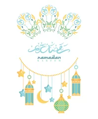 Fototapeten Creative greeting card design for holy month of muslim community festival Ramadan Kareem with moon and hanging lantern and stars © Tatsiana Tsyhanova