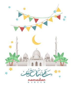Creative greeting card design for holy month of muslim community festival Ramadan Kareem with moon and hanging lantern and stars