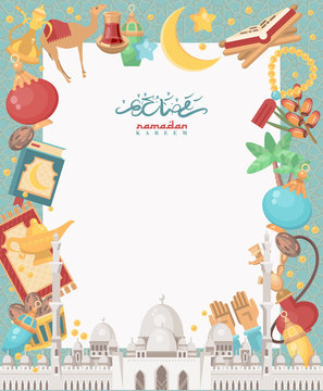 Creative greeting card design for holy month of muslim community festival Ramadan Kareem with moon and hanging lantern and stars
