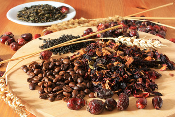 Coffee beans and herbs