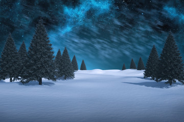 White snowy landscape with trees against aurora night sky in blue