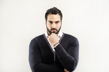 Bearded handsome man thinking on isolated white background