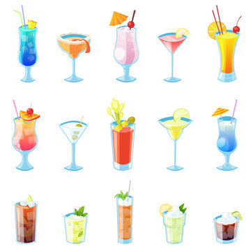 Tropical alcohol cocktails vector illustration. Set of isolated beverages and drinks icons