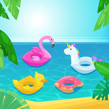 Sea beach with colorful floats in water, vector illustration. Kids inflatable toys flamingo, duck, donut, unicorn.