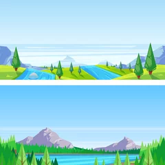 Foto op Plexiglas Seamless horizontal landscape background. Vector illustration of mountains, hills, meadows, lake and river. © Qualit Design