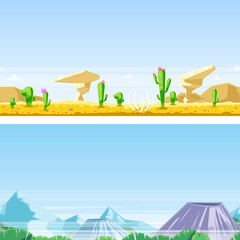 Seamless horizontal landscape background. Vector illustration of desert sand dunes, rocks, mountains, volcanoes.