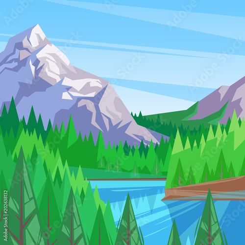 Lake In Mountain Valley Vector Illustration Landscape