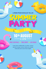 Summer pool party, vector poster, banner layout. Unicorn, flamingo, duck, ball, donut cute floats in water.