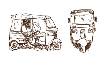 Tuk tuk drawing sketch. Asian transportation. Moto taxi in Thailand, Sri Lanka, India. Cute little hand drawn tuktuk car.