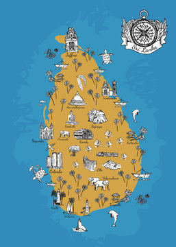 Drawing Sri Lanka map. Original map of Sri Lanka island. Unique vector hand drawn map with cities and elements. Geographic illustration for print. Sri Lanka poster or postcard with a compass.