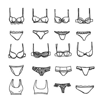 Sketch of women lingerie collection. Hand drawn different underpants and bras. Illustration of sexy underwear.