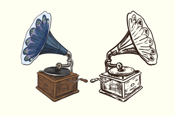 Vector illustration of gramophone or phonograph Retro musical device sketch. Classical vintage equipment.