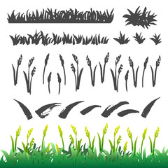 Fototapeta na wymiar Hand drawn grass elements collection. Brush drawing grass and leaves isolated on the white background. Sketch style set.