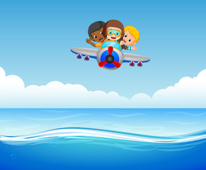 Obraz na płótnie Canvas three boys riding plane over sea
