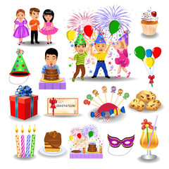 Birthday icons and clip arts like party, guests, balloons, invitation, cake isolated on a white background