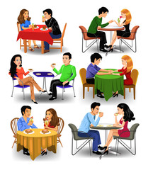 Vector clip arts of couples and coworkers eating out and drinking coffee isolated on a white background