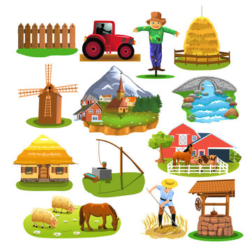 Countryside icons and clip arts like mill, village, river, cottage, fountain, farm animals isolated on a white background
