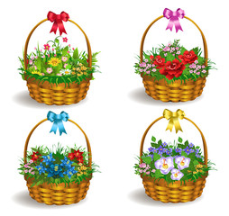 Fototapeta na wymiar Vector set of four baskets of colorful flowers isolated on a white back ground