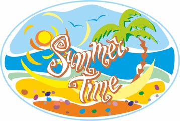 Fototapeta na wymiar Summer time. Lettering. Greeting. Sun, seagulls. Sun hat and sunglasses. Sea and palm trees. Design concept for tourism. Vector.