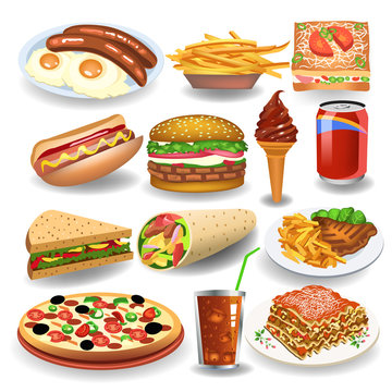 Food and drink icons collection like fried eggs, potatoes, hamburger, steak, sandwich, pizza isolated on a white background