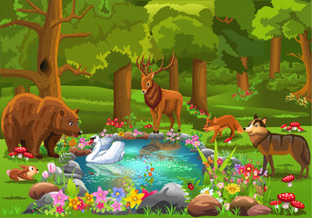Wild animals bear, stag, fox, wolf, rabbits coming to the forest pond surrounded by flowers in a fairy tale atmosphere