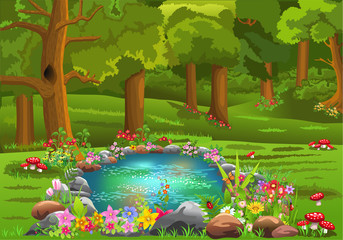Pond surrounded by flowers and mushrooms in the middle of the forest in a fairy tale atmosphere