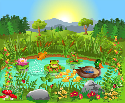Duck pond near the forest and mountains with happy frogs and ducklings