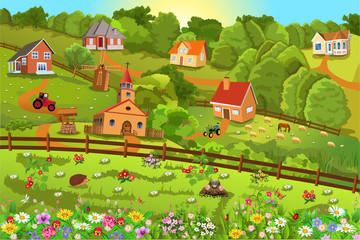 Vector illustration of a small village on hills with lots of flowers all around, and a mole and hedgehog in the foreground