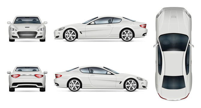 Car vector mock-up. Isolated template of supercar on white background. Vehicle branding mockup. Side, front, back, top view. All elements in the groups on separate layers. Easy to edit and recolor.
