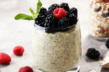 Healthy berry chia pudding in a jar with scattered fruit isolated on rustic grey background