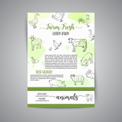 Hand drawn farm animals brochure. Local farm card. Farming illustration. Vector farm elements. Hand sketched goose, rooster, chicken and turkey