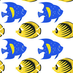 Seamless pattern with tropical fishes on white background.