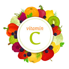 Foods high in vitamin c. Rich in acarbic acid, vegetables and fruits. Vector illustration. Information collage.