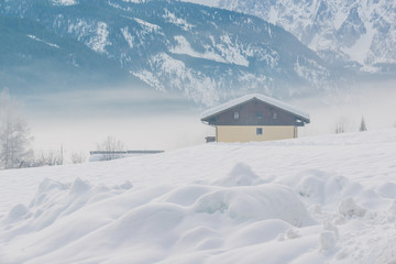 Fototapeta na wymiar Gosau valley in the morning mist. Gosau. Austria.