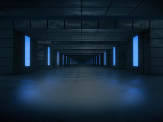 Long dark corridor interior with futuristic light. 3D rendering