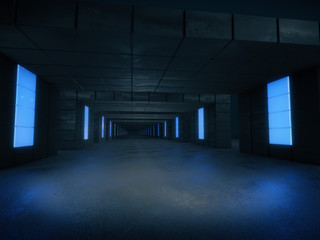 Plakat Long dark corridor interior with futuristic light. 3D rendering