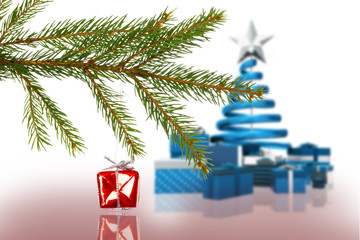 Red christmas decoration hanging from branch against blue and silver christmas gifts