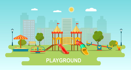 Obraz na płótnie Canvas Children playground. Kindergarten playground with swings, slide, toy giraffe, carousel, sandbox. Flat vector illustration